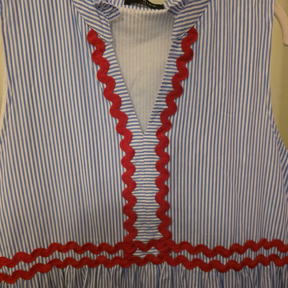 Blue and White Striped Dress with Red Accents
